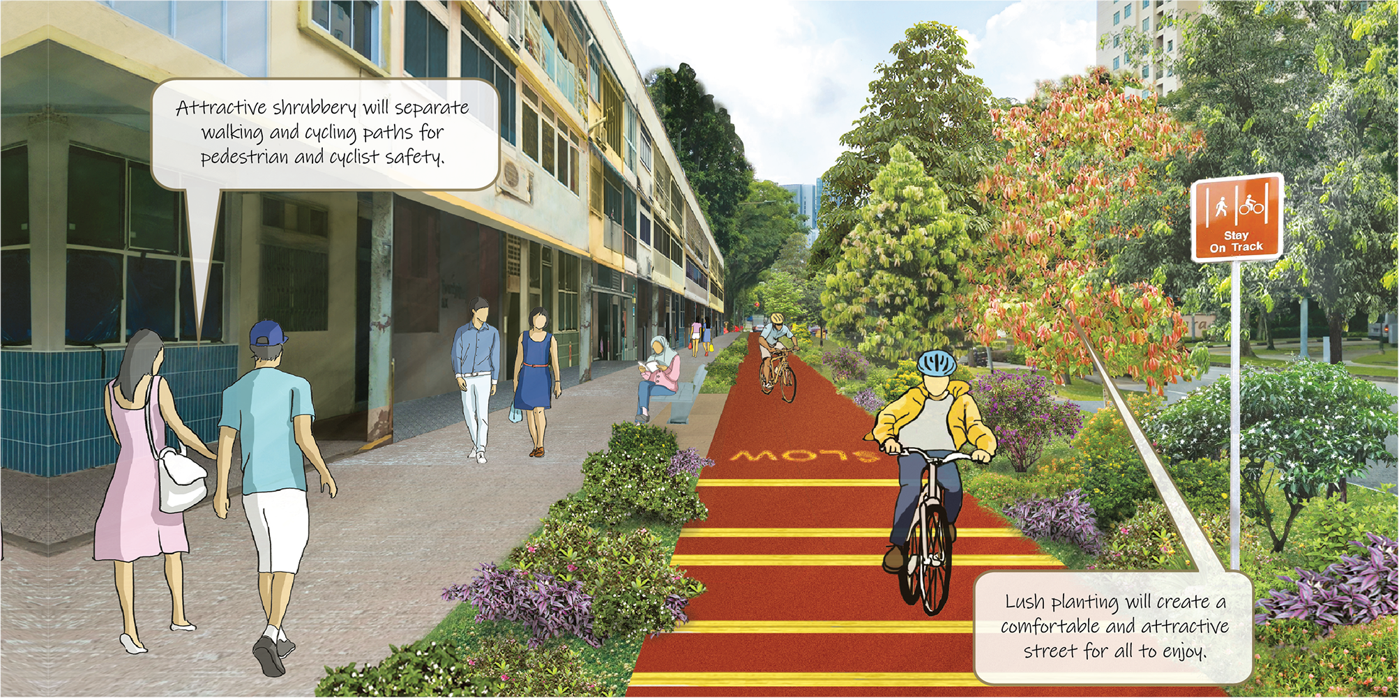 Illustrated streetscape with people walking and cycling. A sign reads "Stay On Track." Planting divides paths.
